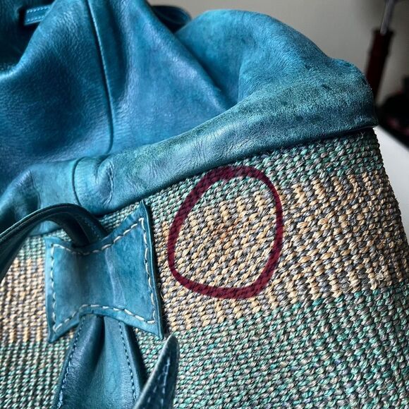 Vintage Woven Sisal &‎ Leather Bucket Bag Teal Blue Boho Beach Market Tote - Picture 6 of 9